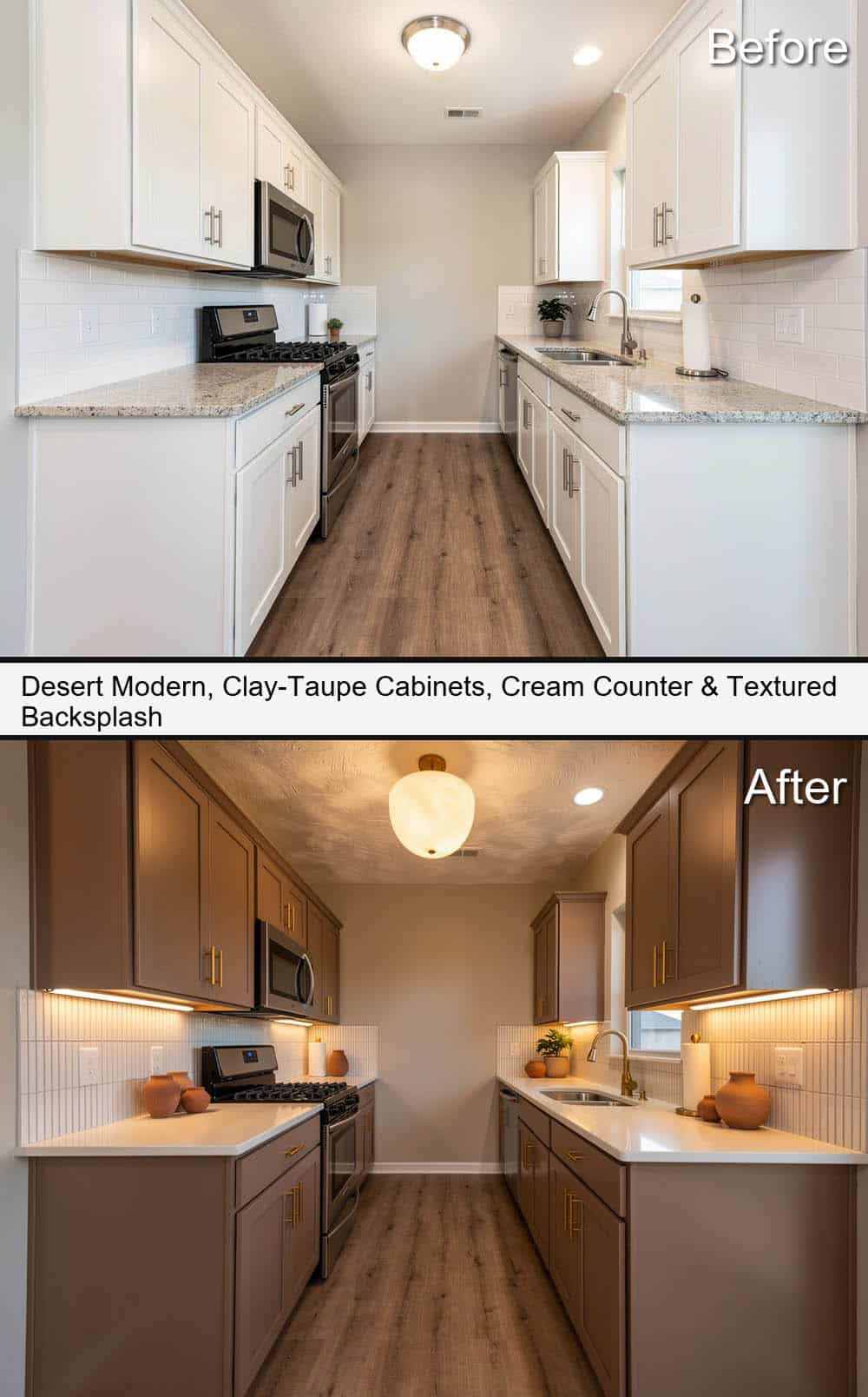 Desert-Modern Kitchen with Clay-Taupe Cabinets, Cream Counter & Textured Backsplash