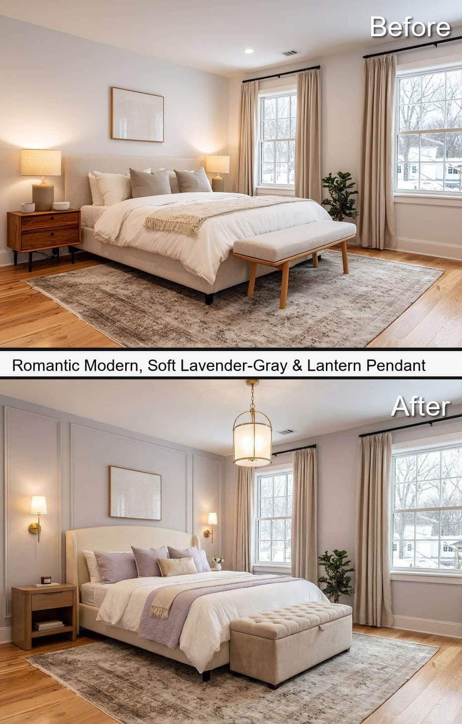 Bedroom with Soft Lavender-Gray & Lantern Pendant