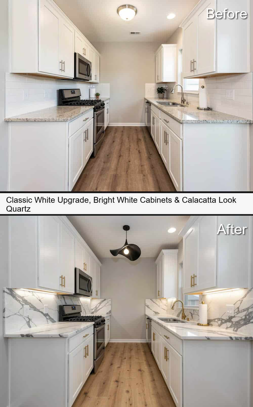 Classic White Upgrade Kitchen with Bright-White Cabinets & Calacatta-Look Quartz