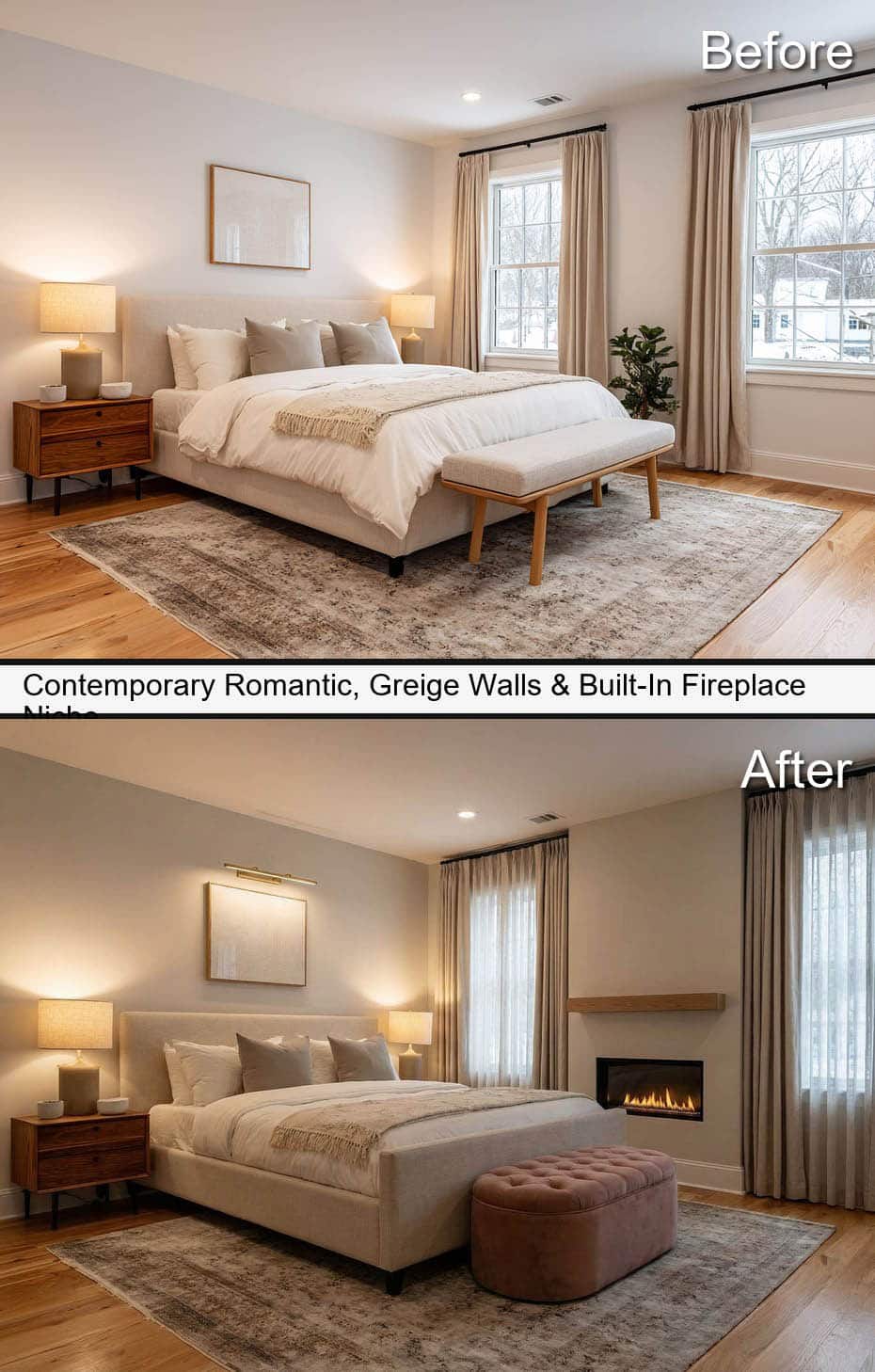 Stylish Bedroom with Greige Walls & Built-In Fireplace Niche