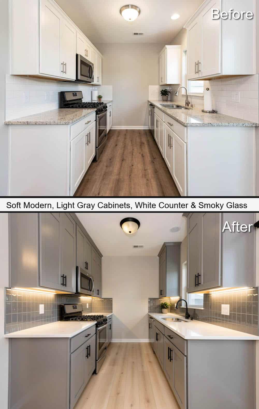 Soft-Modern Galley with Light-Gray Cabinets, White Countertops & Smoky Glass Tile