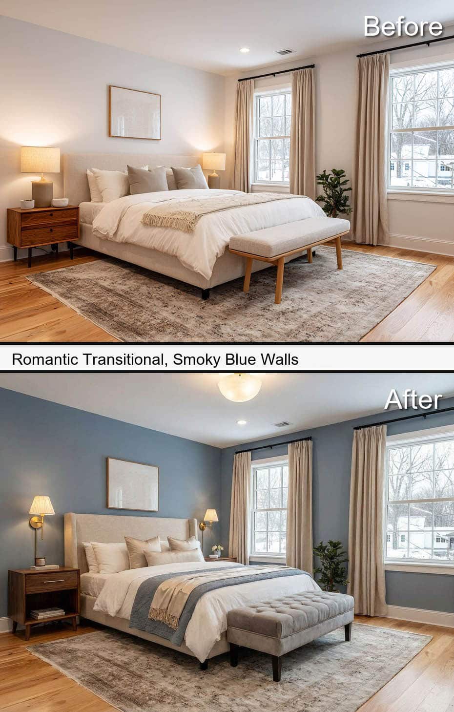 Romantic Transitional Bedroom with Smoky Blue Walls & Wingback Headboard