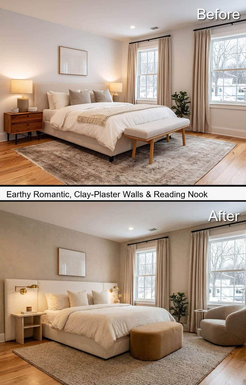 Earthy Bedroom with Clay-Plaster Walls & Reading Nook