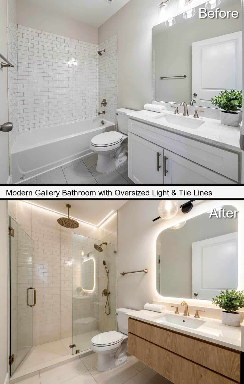 Modern Gallery Bathroom with Oversized Light & Tile Lines
