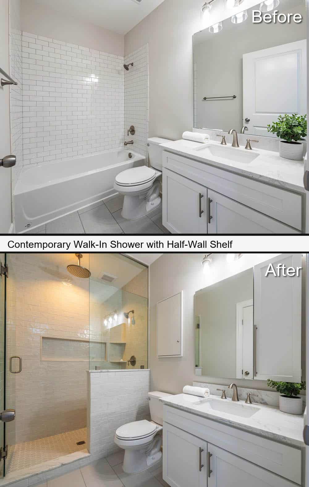 Contemporary Walk-In Shower with Half-Wall Shelf&nbsp;
