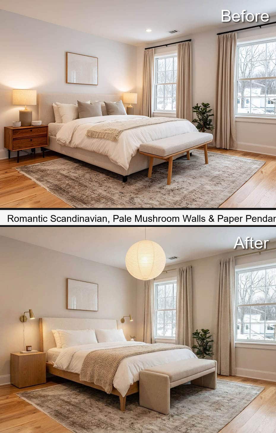 Scandinavian Bedroom with Pale Mushroom Walls & Paper Pendant