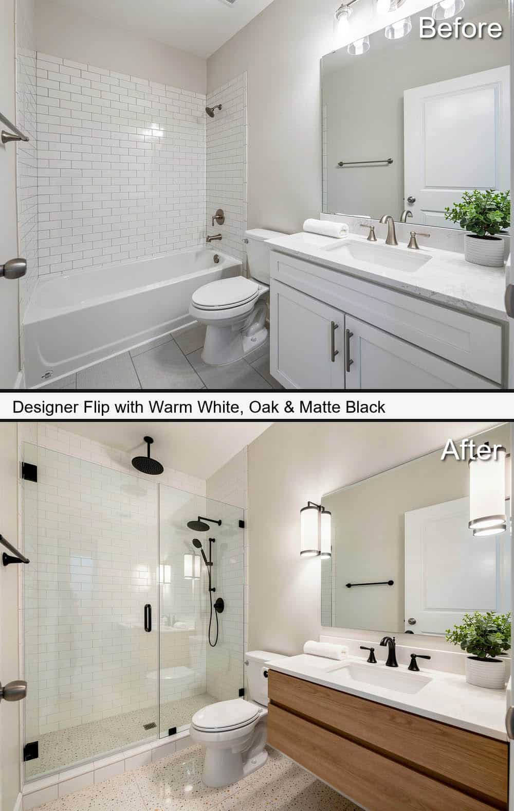 Designer Flip Bathroom Remodel with Warm White, Oak & Matte Black