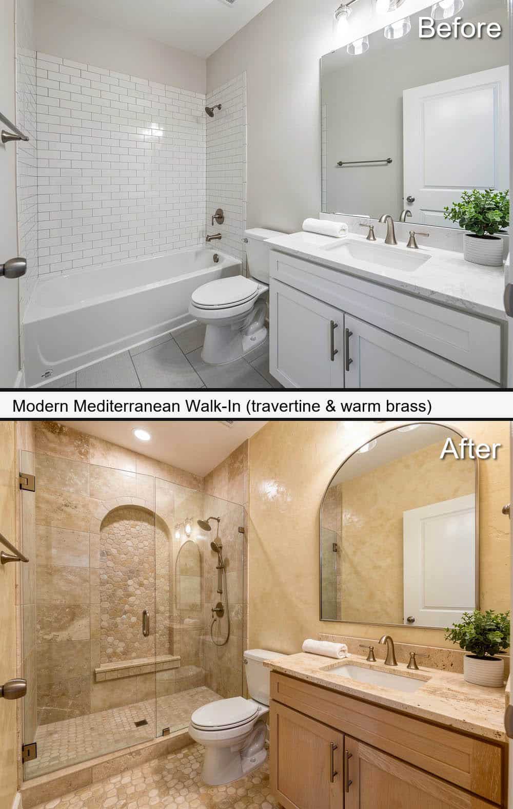 Modern Mediterranean Walk-In with Travertine & Warm Brass
