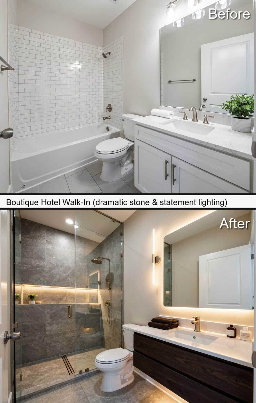 Boutique Hotel Style Bathroom Walk-In with Dramatic Stone & Statement Lighting