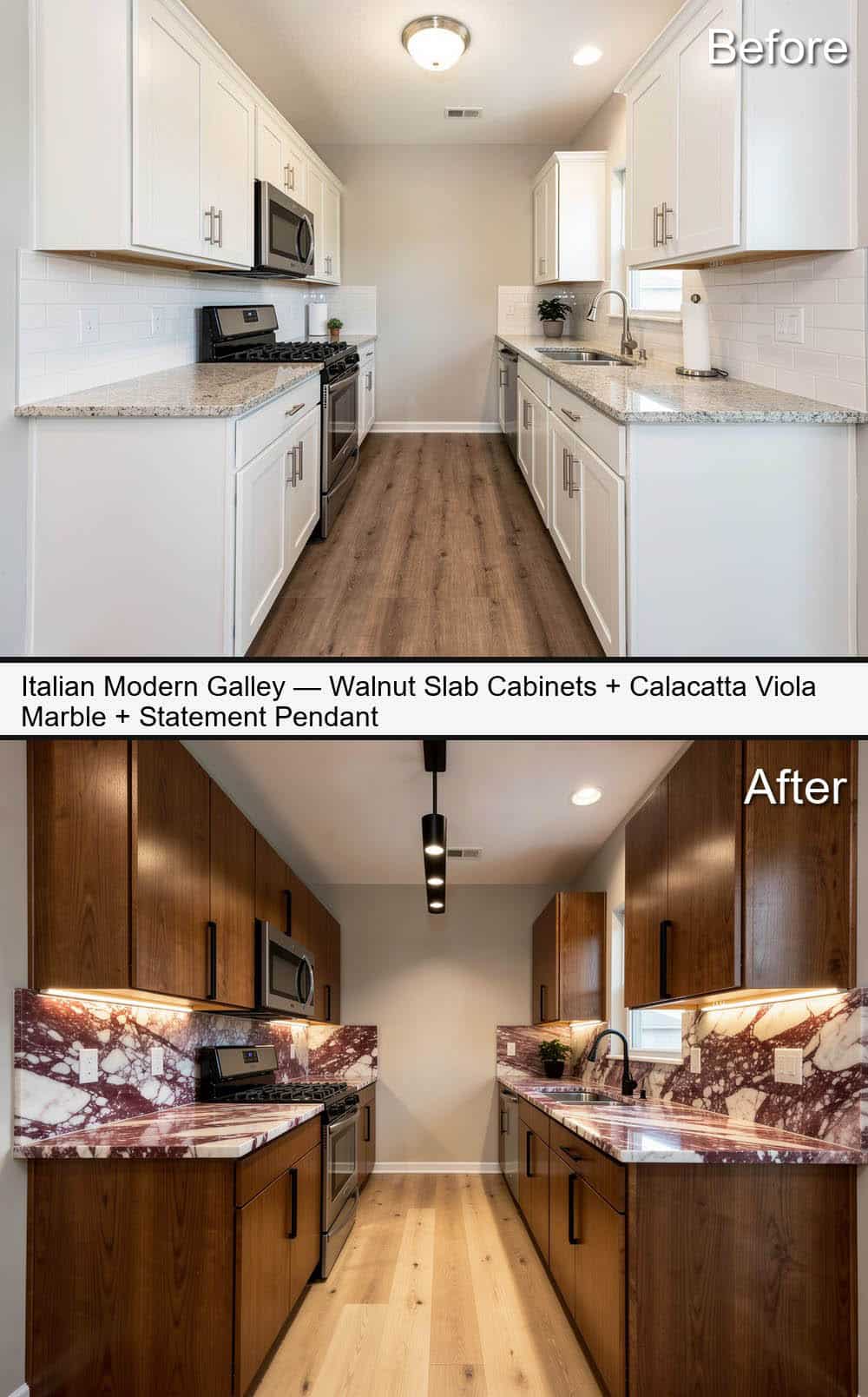 Italian-Modern Galley with Walnut Slab Cabinets, Calacatta Viola Marble & Statement Pendant