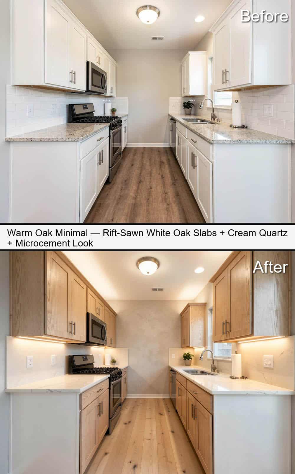 Warm Oak Minimal Kitchen with Rift-Sawn White Oak Slabs & Cream Quartz&nbsp;