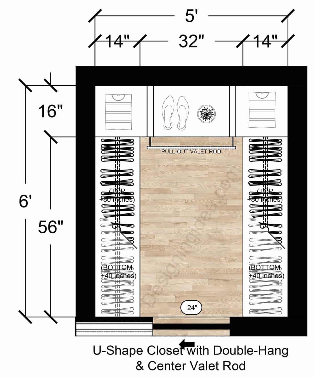5x6 U-Shape Closet with Double-Hang & Center Valet Rod