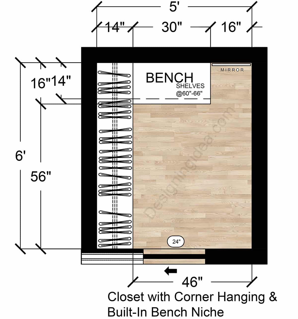Walk-in with Corner Hanging Rods & Built-In Bench Niche