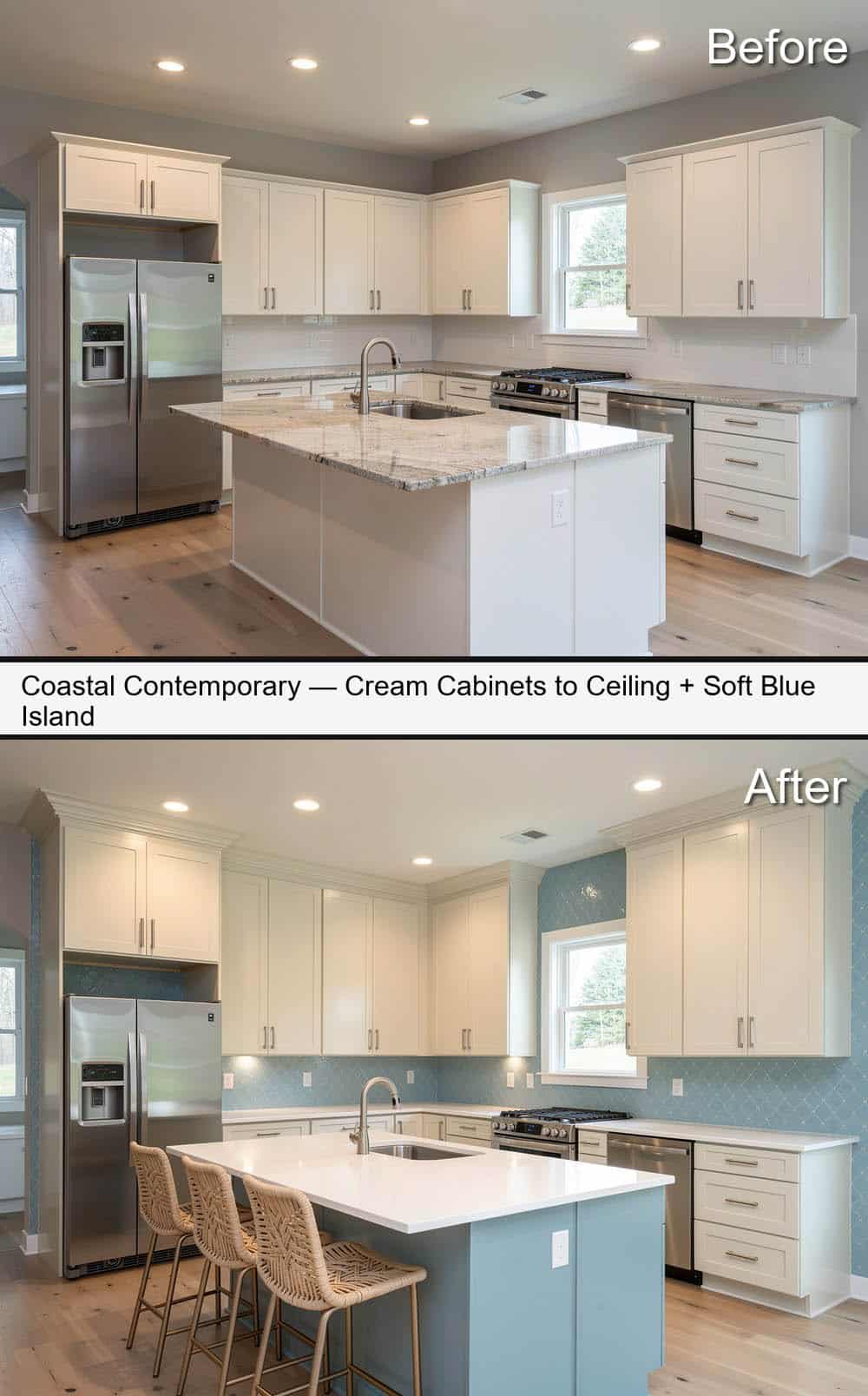 Coastal Contemporary Kitchen with Cream Cabinets Up to the Ceiling and Soft Blue Island