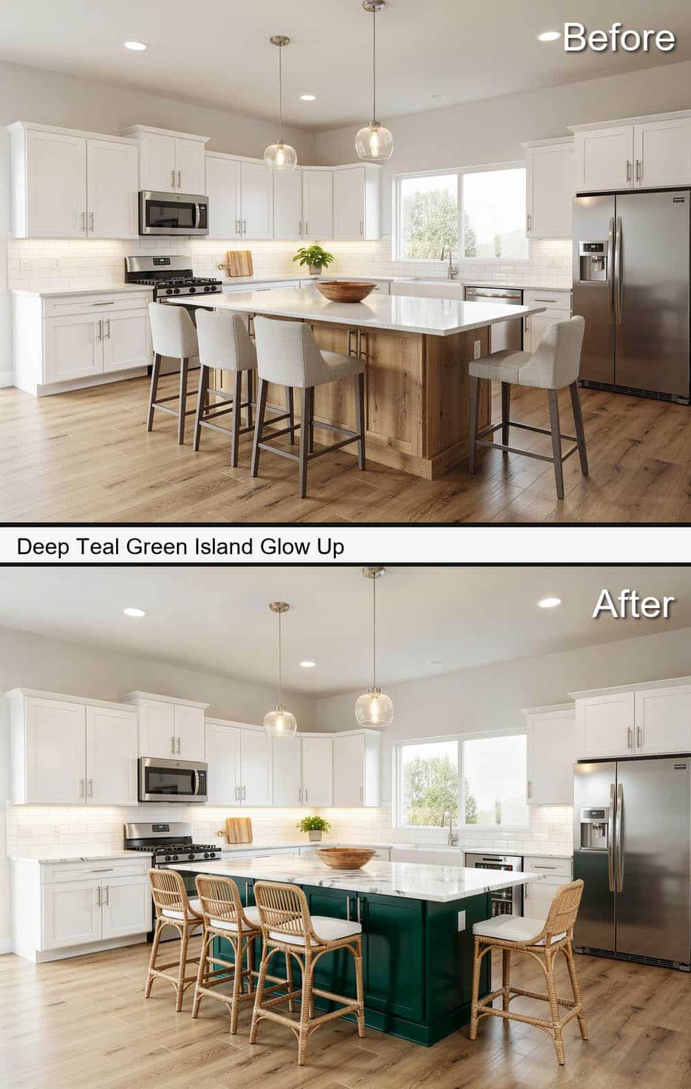 Deep Teal Green Island with Rattan Chairs