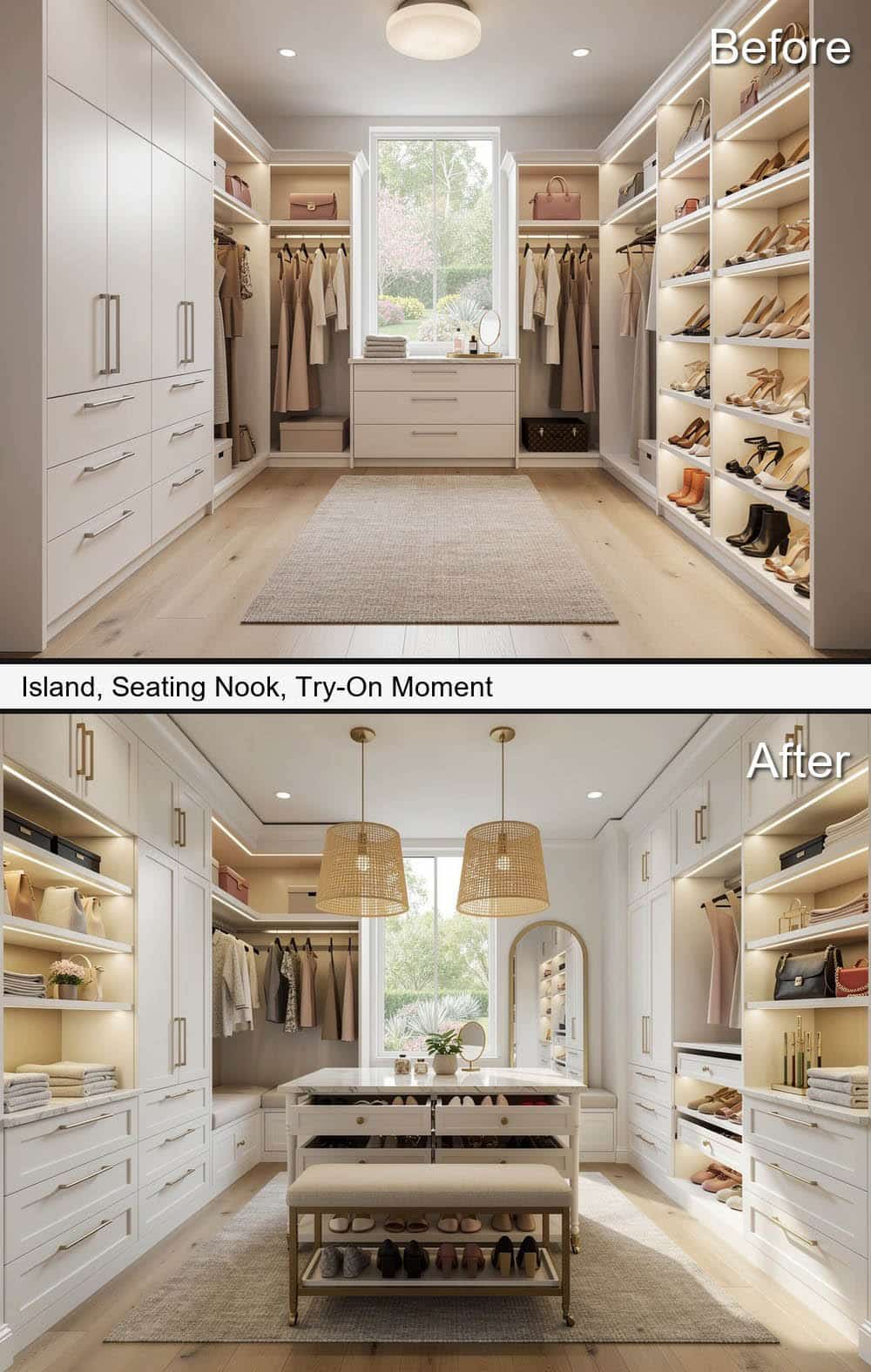 Drawer Island with Bench and Window Seat