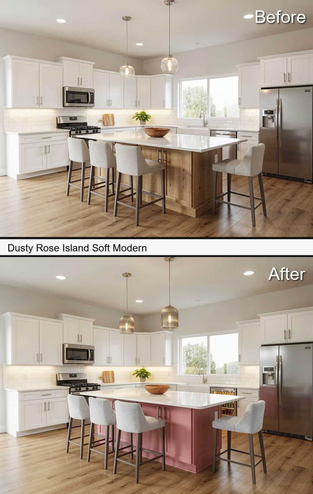 Dusty Rose Island Soft & Modern Kitchen Design
