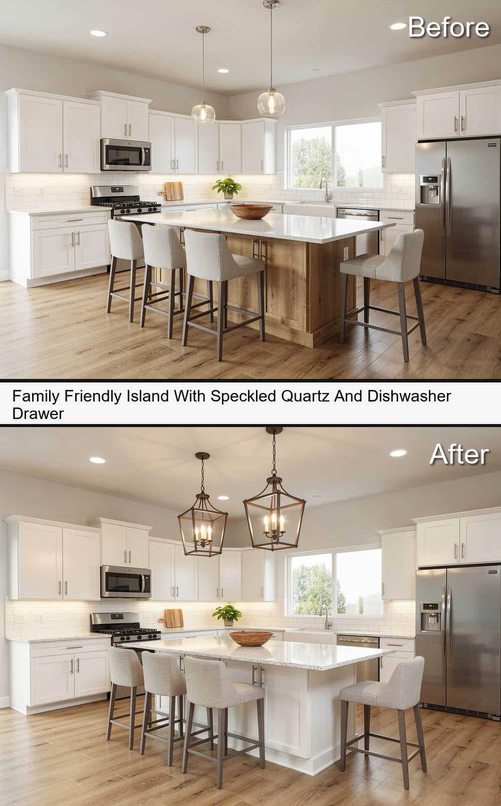 Family friendly island with speckled quartz tops and basket lamps