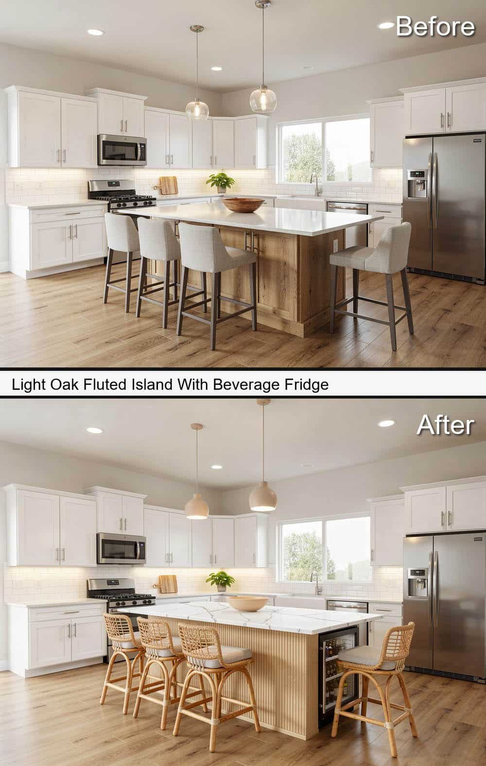Light Oak Fluted Island With Beverage Fridge