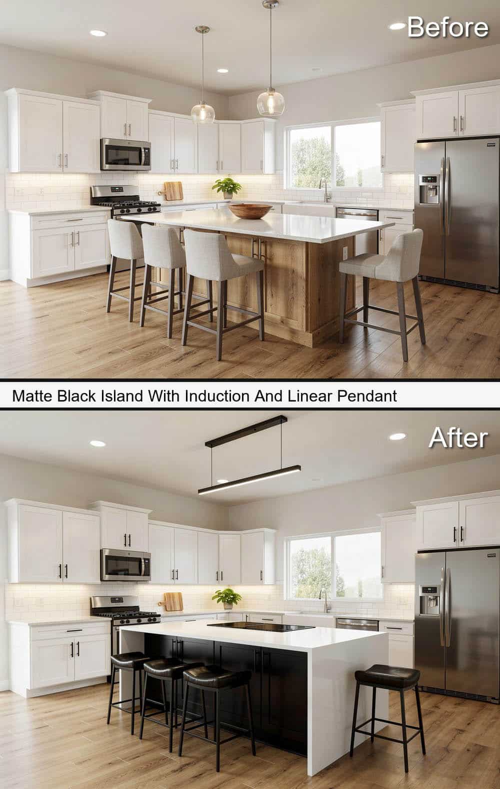 Black and White Kitchen with Matte Black Island With Induction And Linear Pendant&nbsp;