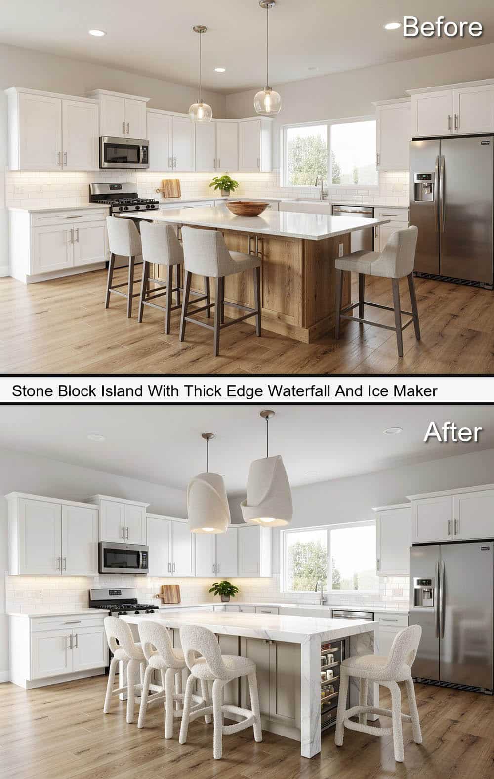 Stone Block Island With Thick Edge Waterfall And Ice Maker