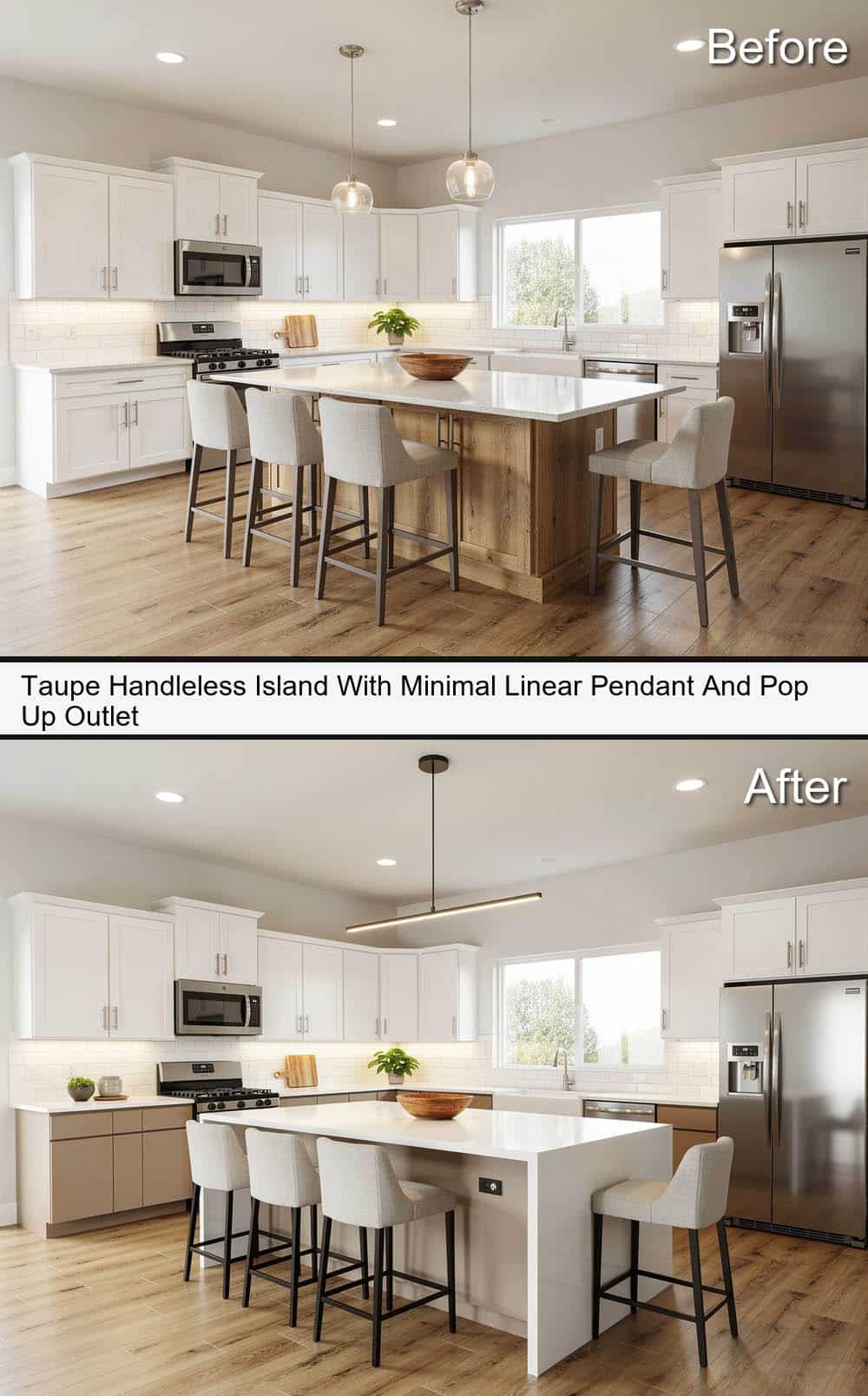 Taupe Handleless Island With Minimal Linear Pendant And Pop Up Outlet