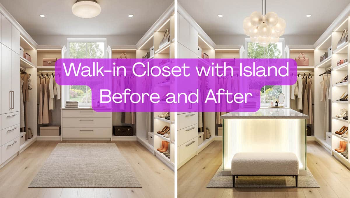 Walk-in Closet with Island Before and After Makeover