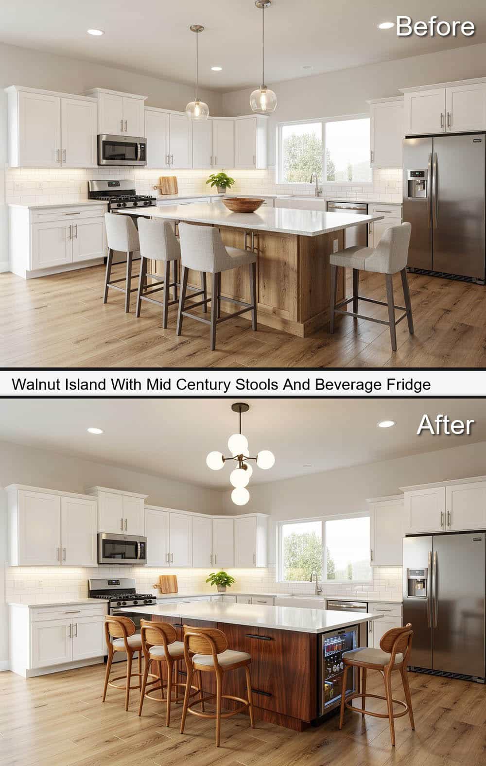 Walnut Island With Mid Century Stools And Beverage Fridge