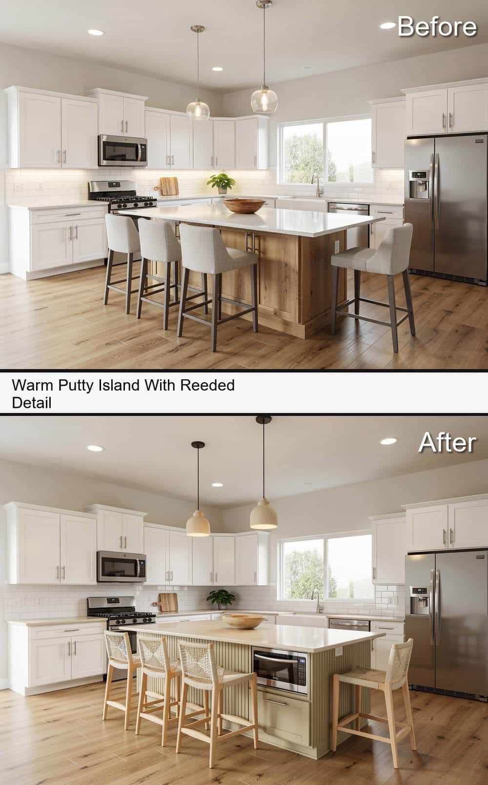 Warm Putty Island With Reeded Detail Base Cabinet