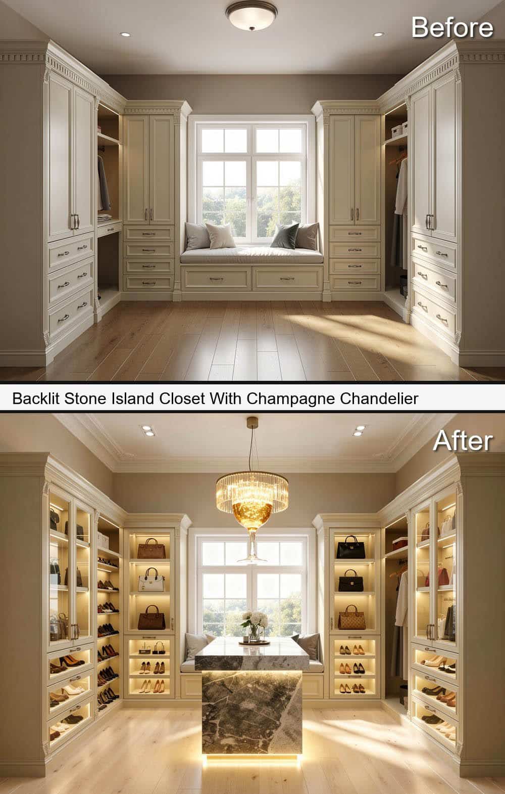 Backlit Stone Island Closet With Champagne Chandelier