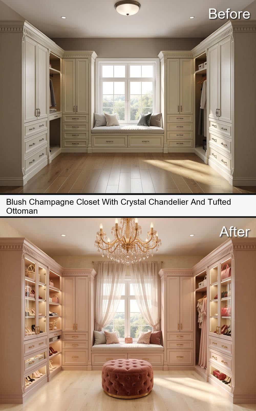 Blush Champagne Closet With Crystal Chandelier And Tufted Ottoman