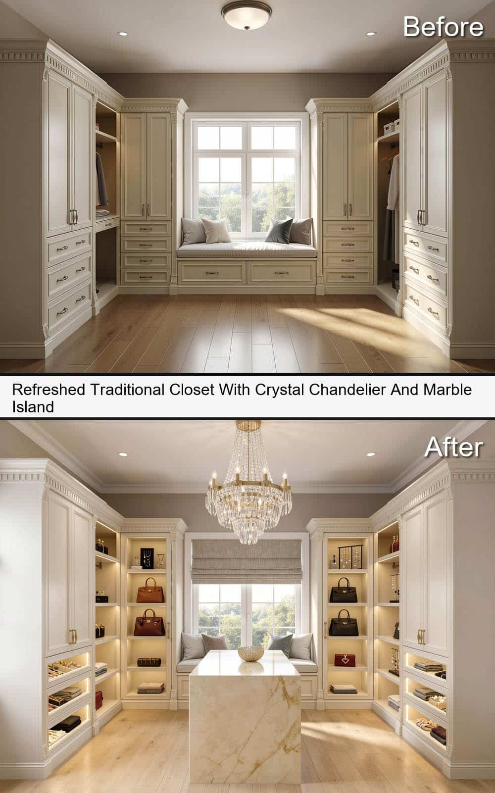 Refreshed Traditional Closet With Crystal Chandelier And Marble Island