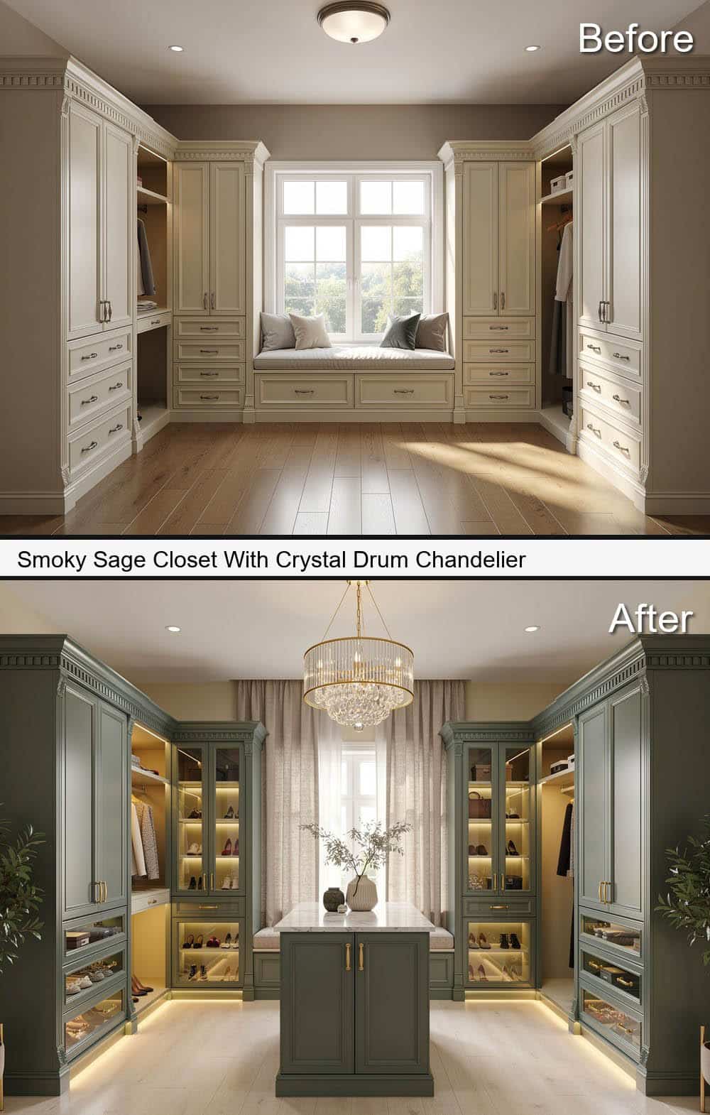 Smoky Sage Closet With Crystal Drum Chandelier