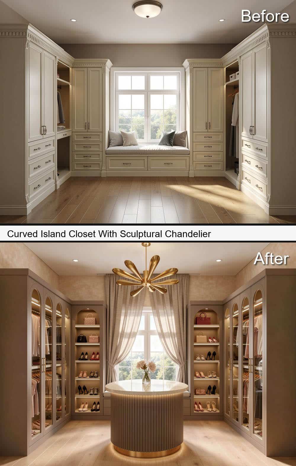 Curved Island Closet With Sculptural Chandelier