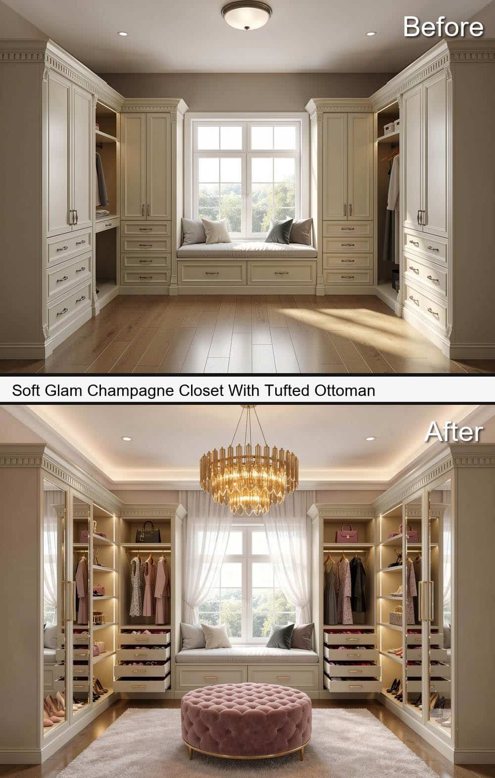 Soft Glam Champagne Closet With Tufted Ottoman