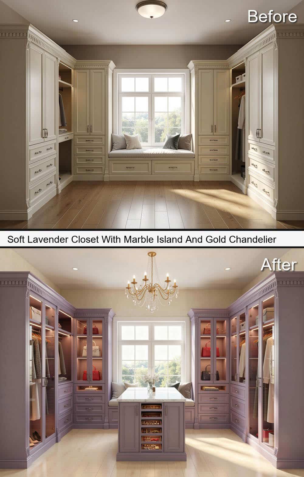 Soft Lavender Closet With Marble Island And Gold Chandelier