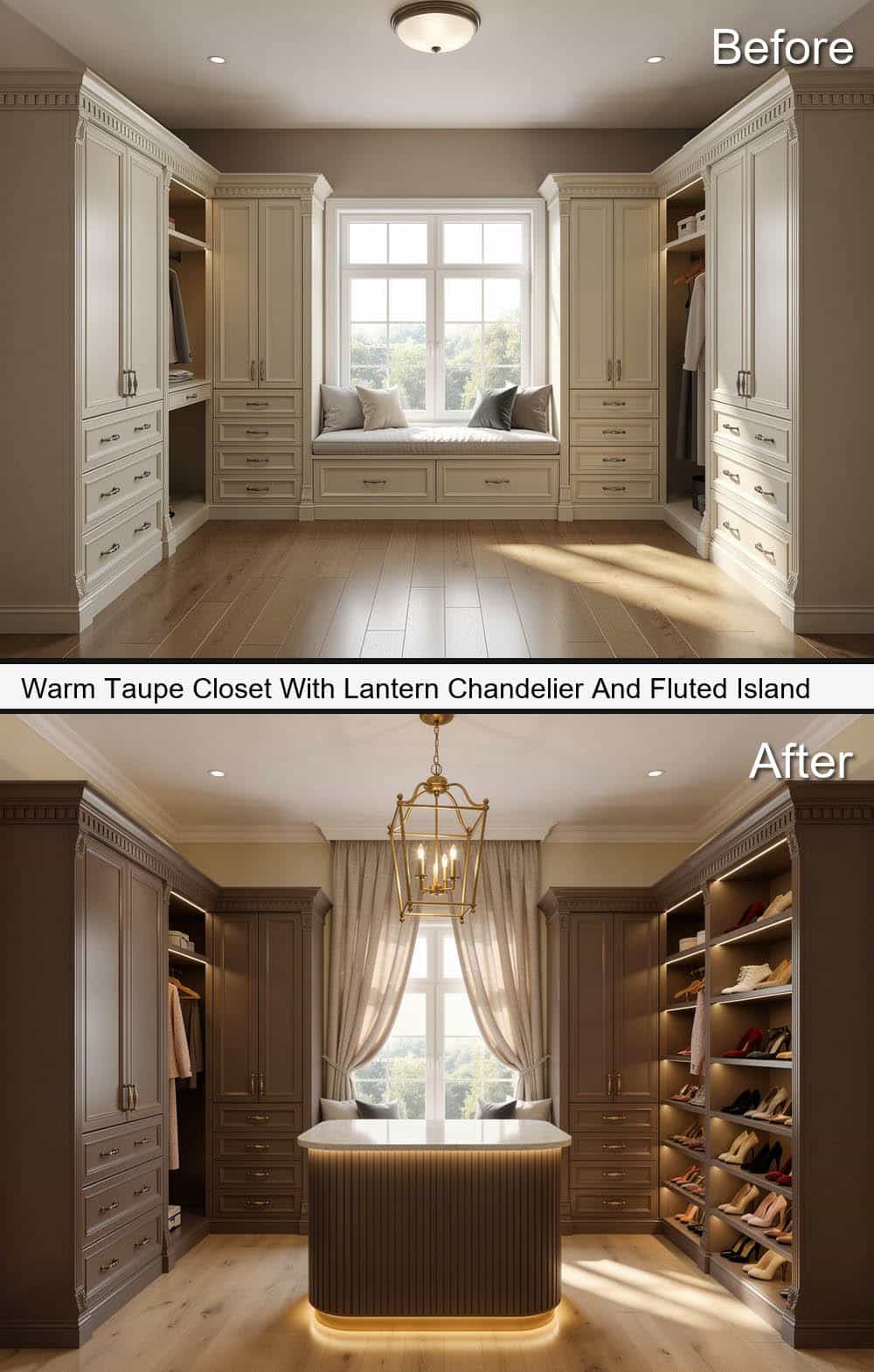 Warm Taupe Closet With Lantern Chandelier And Fluted Island