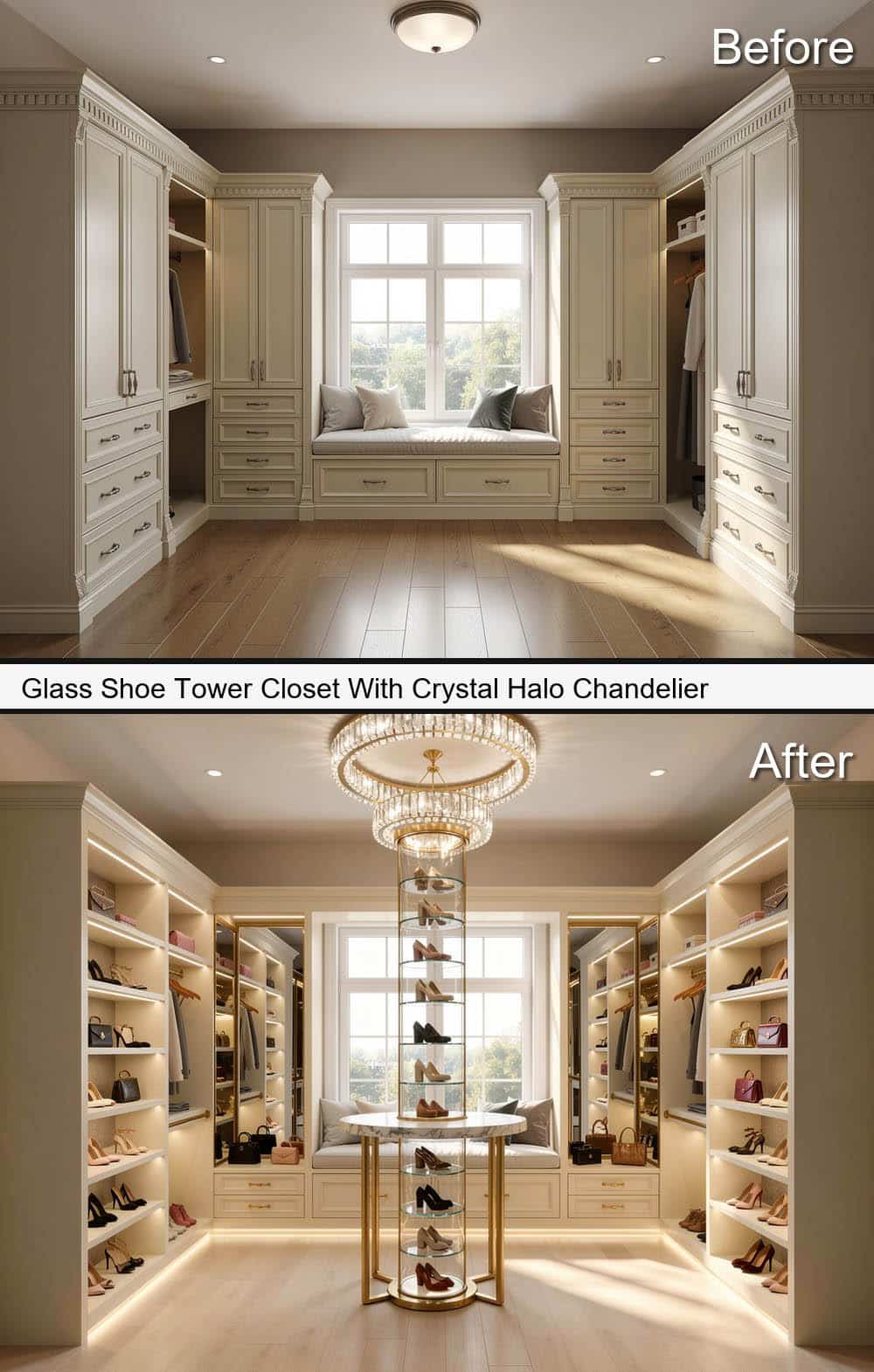 Glass Shoe Tower Closet With Crystal Halo Chandelier