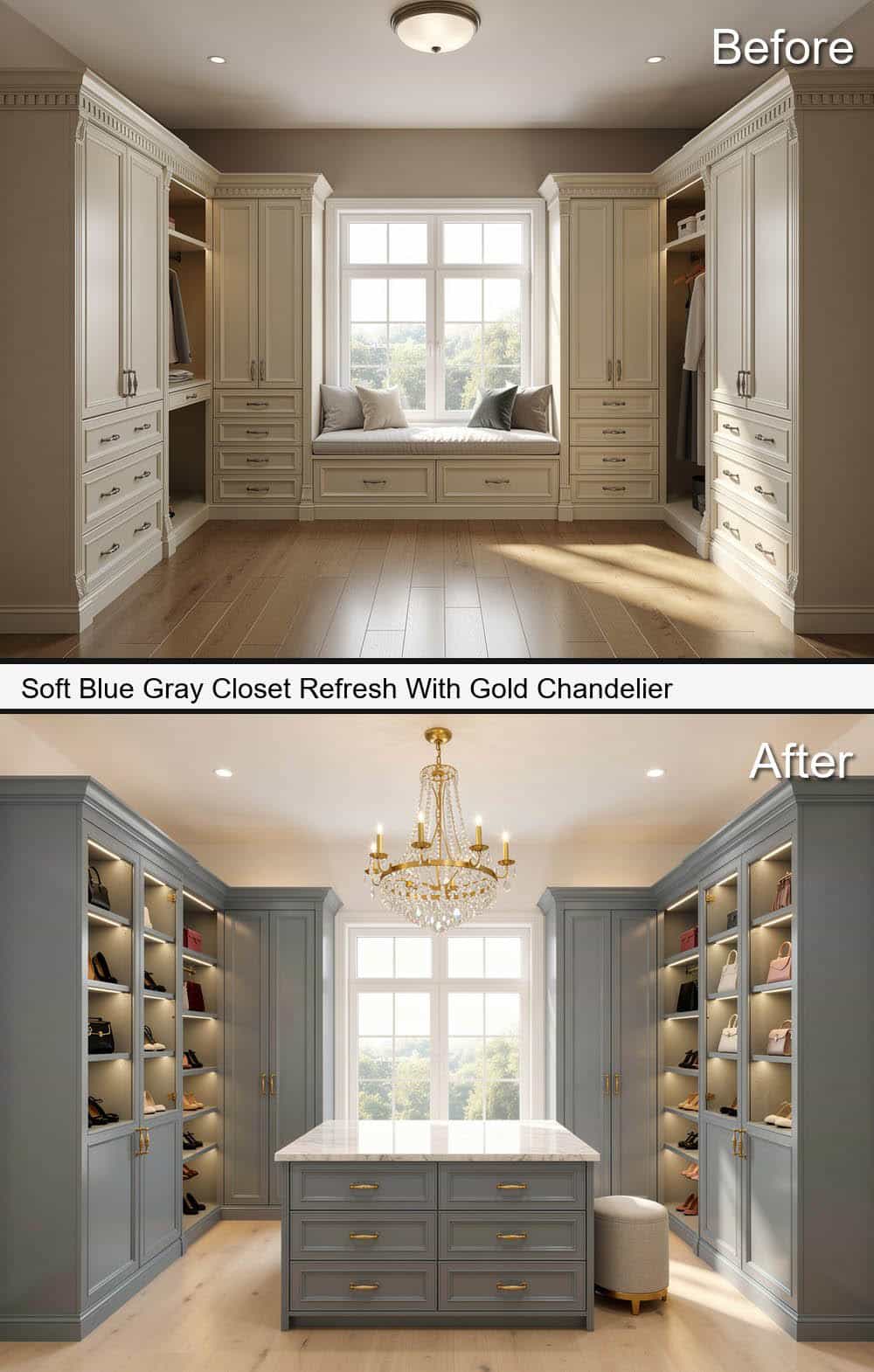 Soft Blue Gray Closet Refresh With Gold Chandelier