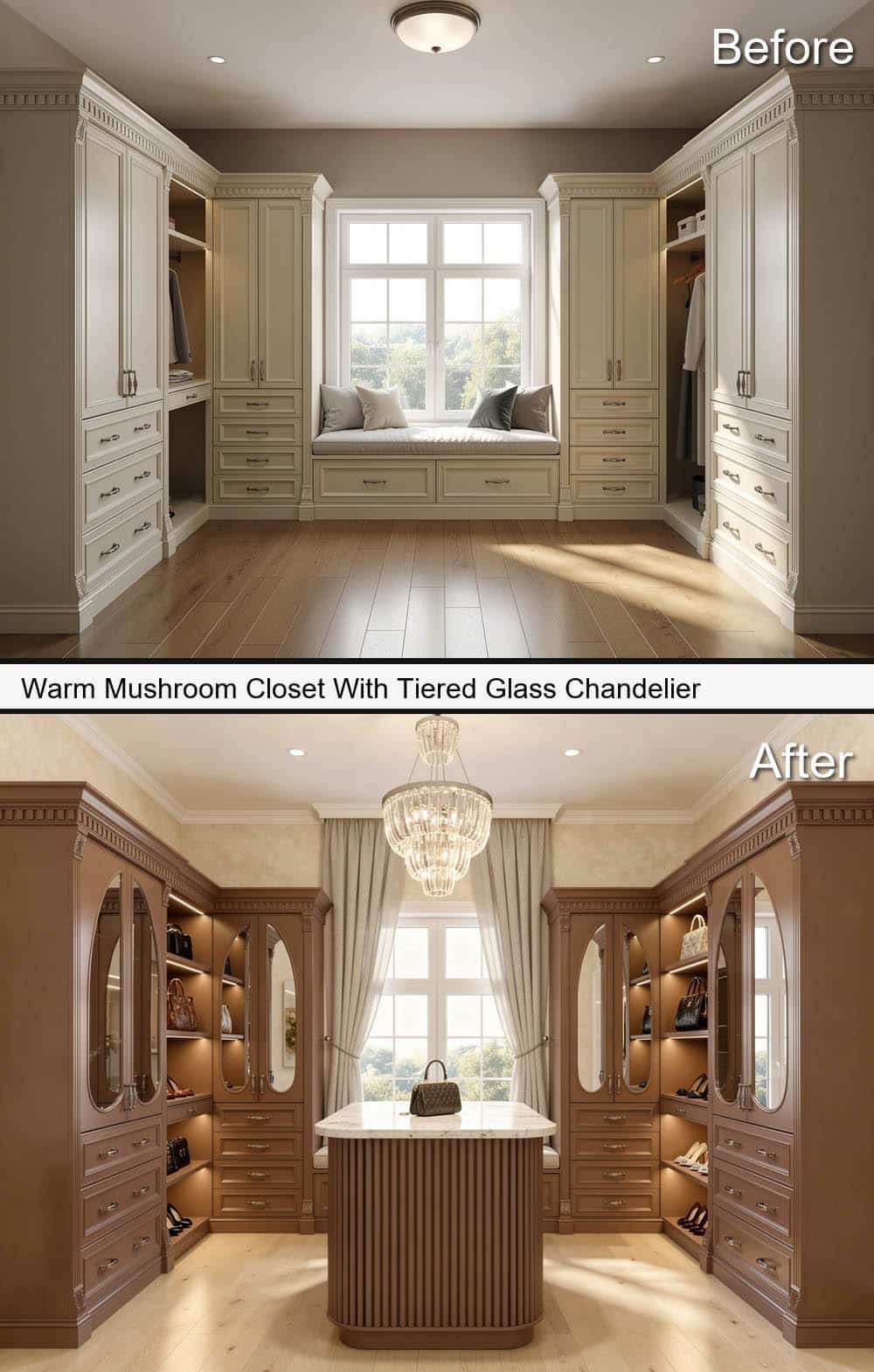 Warm Mushroom Closet With Tiered Glass Chandelier