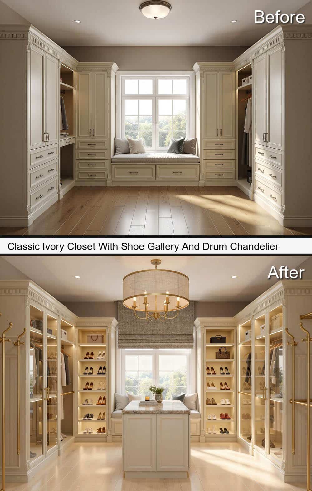 Classic Ivory Closet With Shoe Gallery And Drum Chandelier