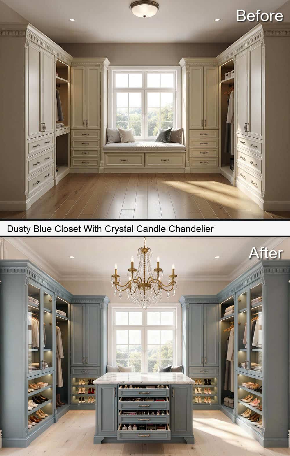 Dusty Blue Closet With Crystal Candle Chandelier