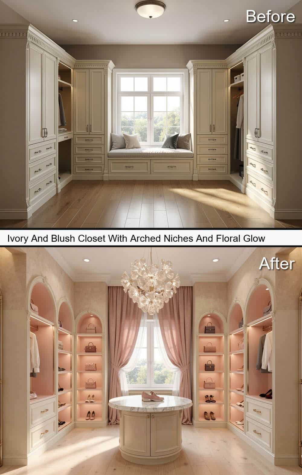 Ivory And Blush Closet With Arched Niches And Floral Glow