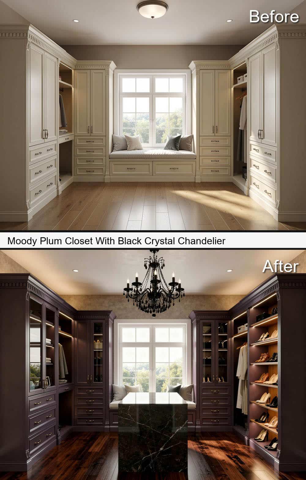 Moody Plum Closet With Black Crystal Chandelier