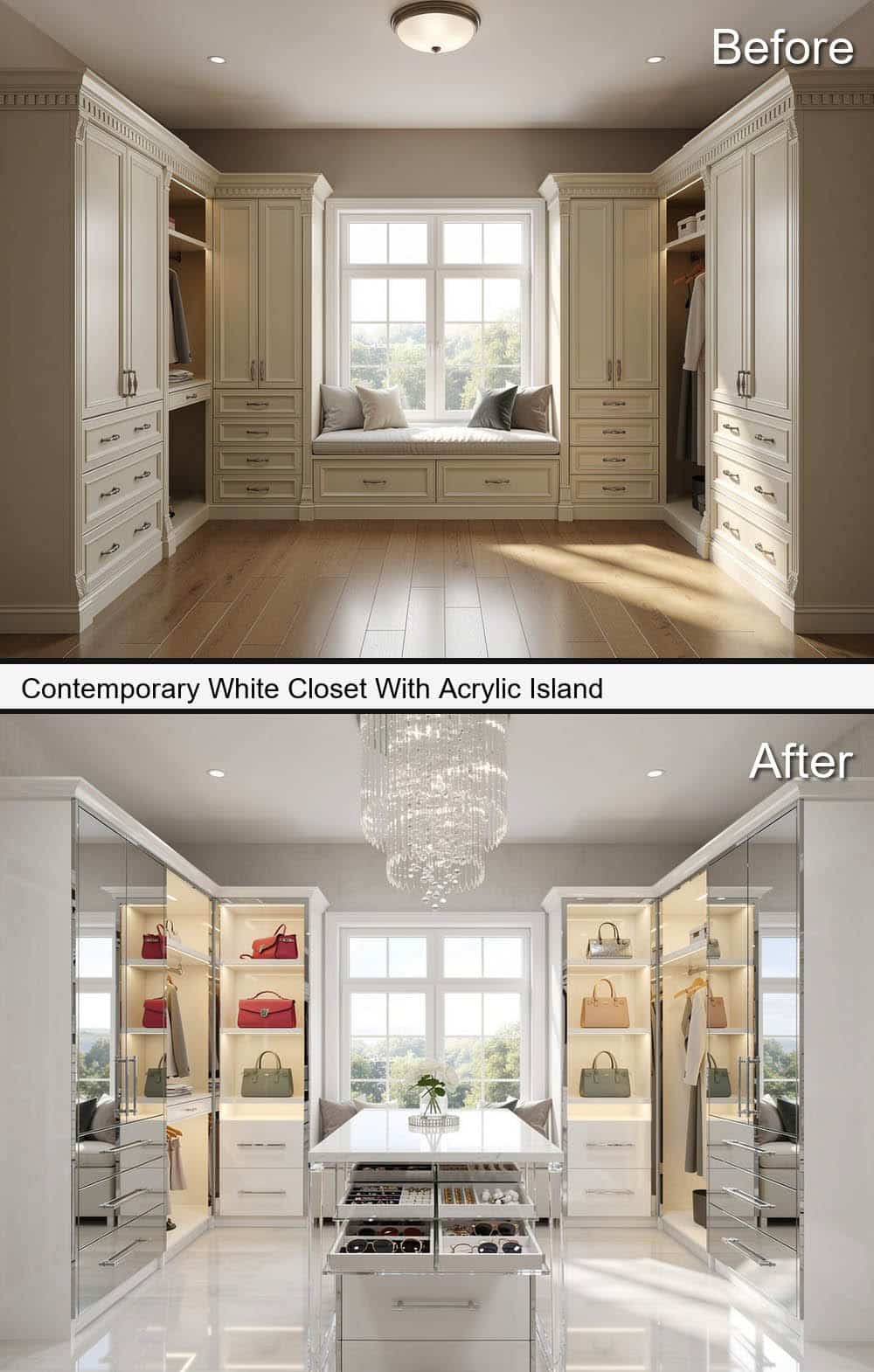 Contemporary White Closet With Acrylic Island