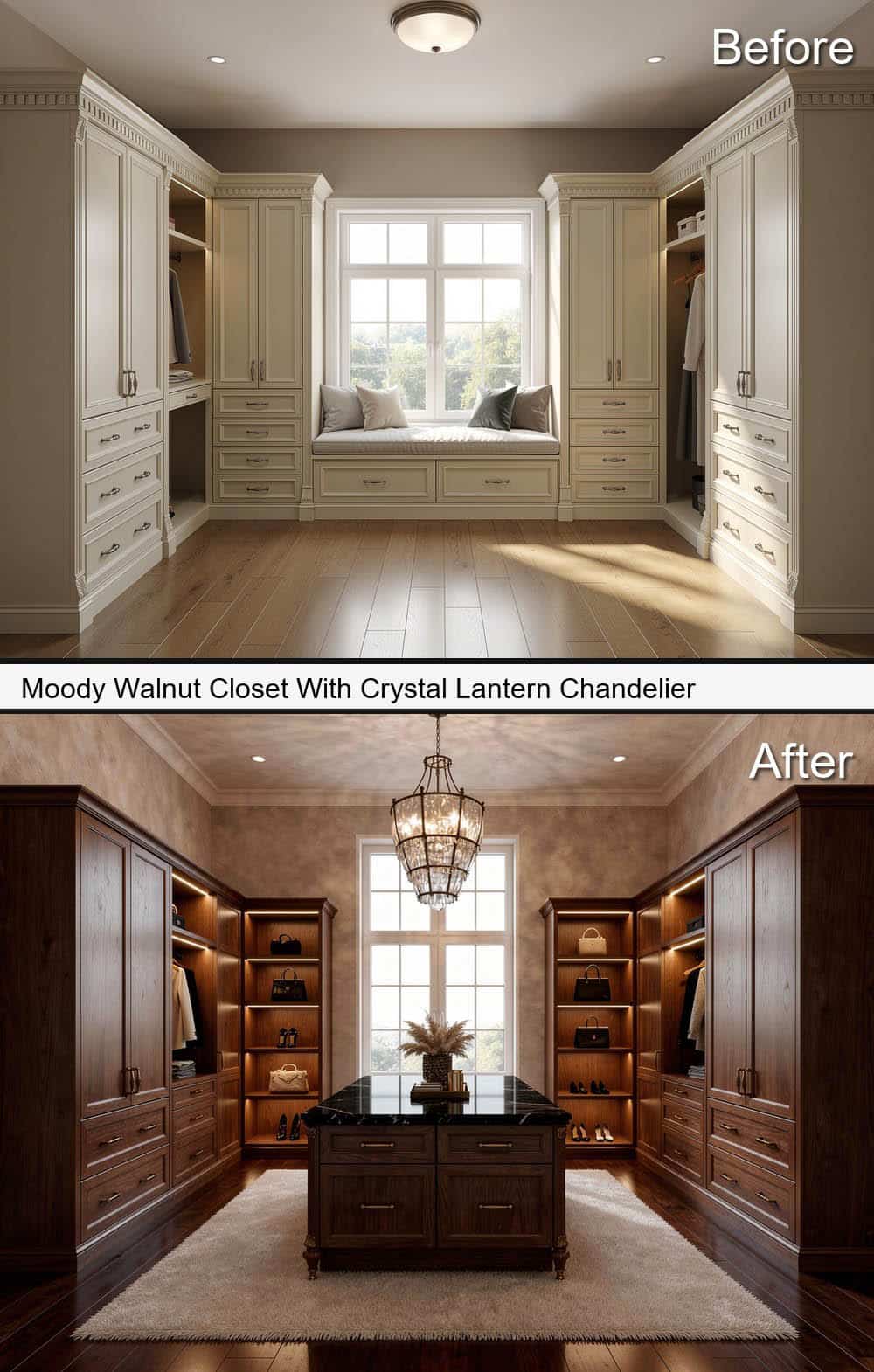 Moody Walnut Closet With Crystal Lantern Chandelier