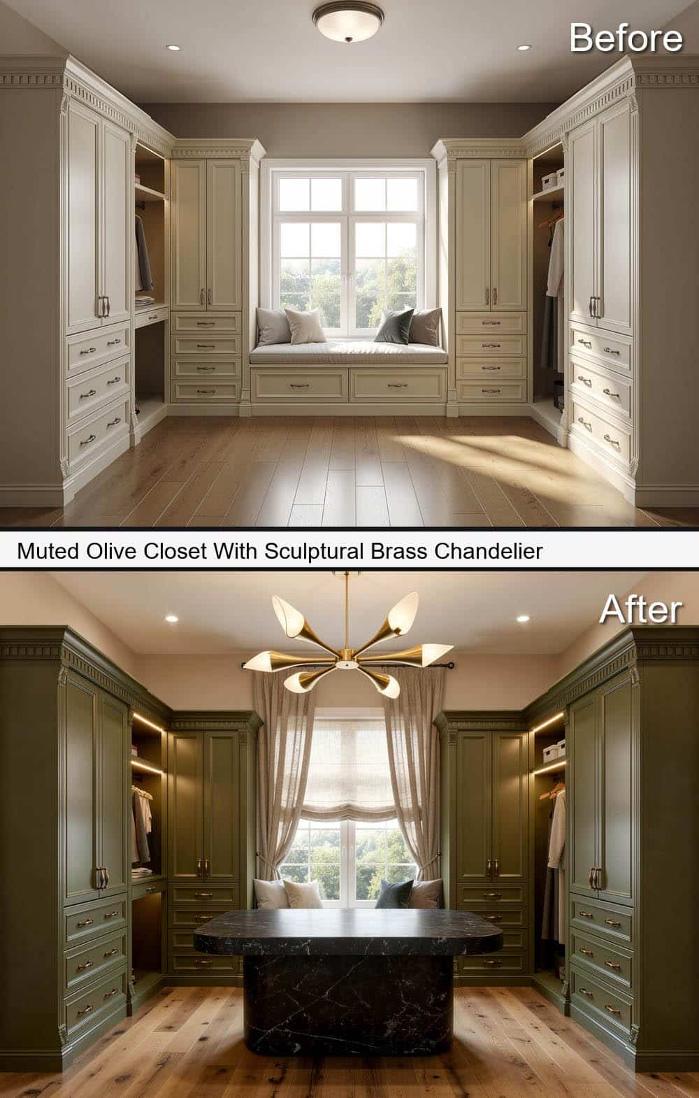 Muted Olive Closet With Sculptural Brass Chandelier