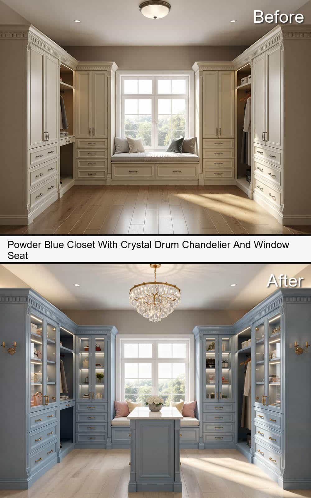 Powder Blue Closet With Crystal Drum Chandelier And Window Seat