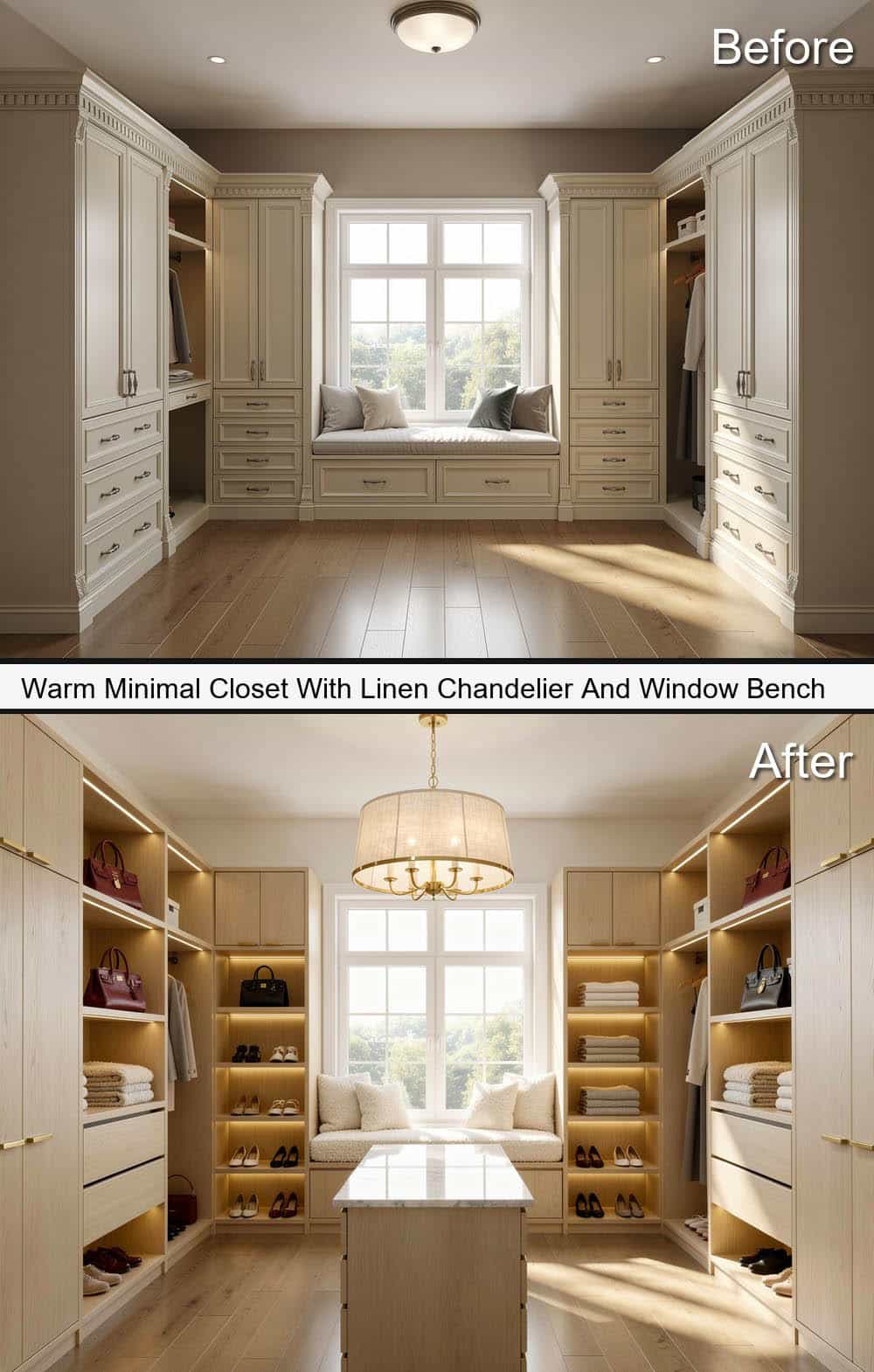 Warm Minimal Closet With Linen Chandelier And Window Bench