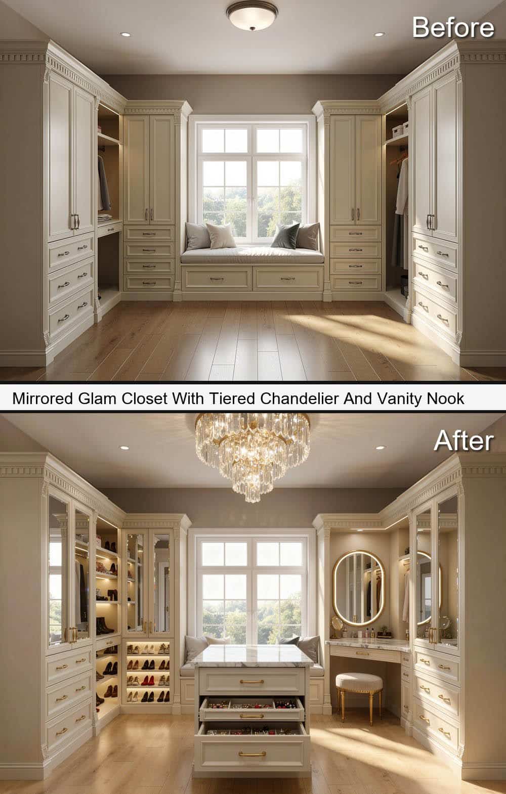 Mirrored Glam Closet With Tiered Chandelier And Vanity Nook